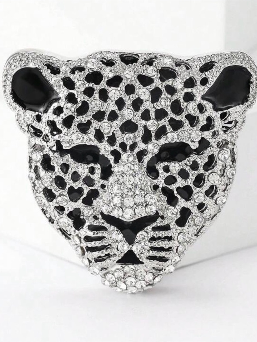 Crystal Leopard Face Statement Ring - Black and Silver